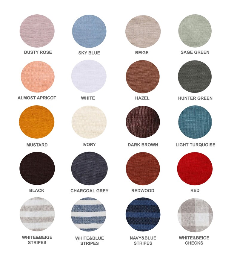 May include: A color chart featuring twenty circular fabric swatches arranged in a grid. The colors include dusty rose, sky blue, beige, sage green, almost apricot, white, hazel, hunter green, mustard, ivory, dark brown, light turquoise, black, charcoal grey, redwood, red, white and beige stripes, white and blue stripes, navy and blue stripes, and white and beige checks.