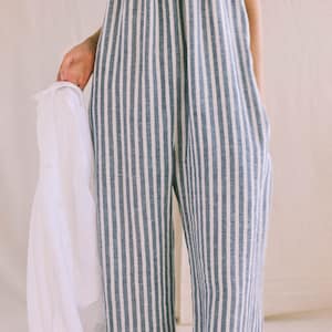 Strap linen jumpsuit in stripes / Loose linen wide leg romper / Soft linen lounge wear jumpsuit image 6