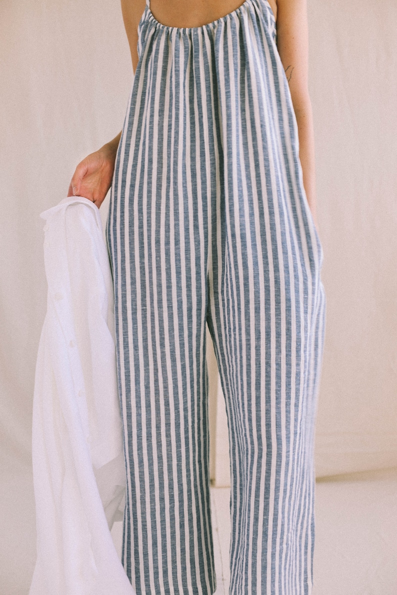 Strap linen jumpsuit in stripes / Loose linen wide leg romper / Soft linen lounge wear jumpsuit image 6