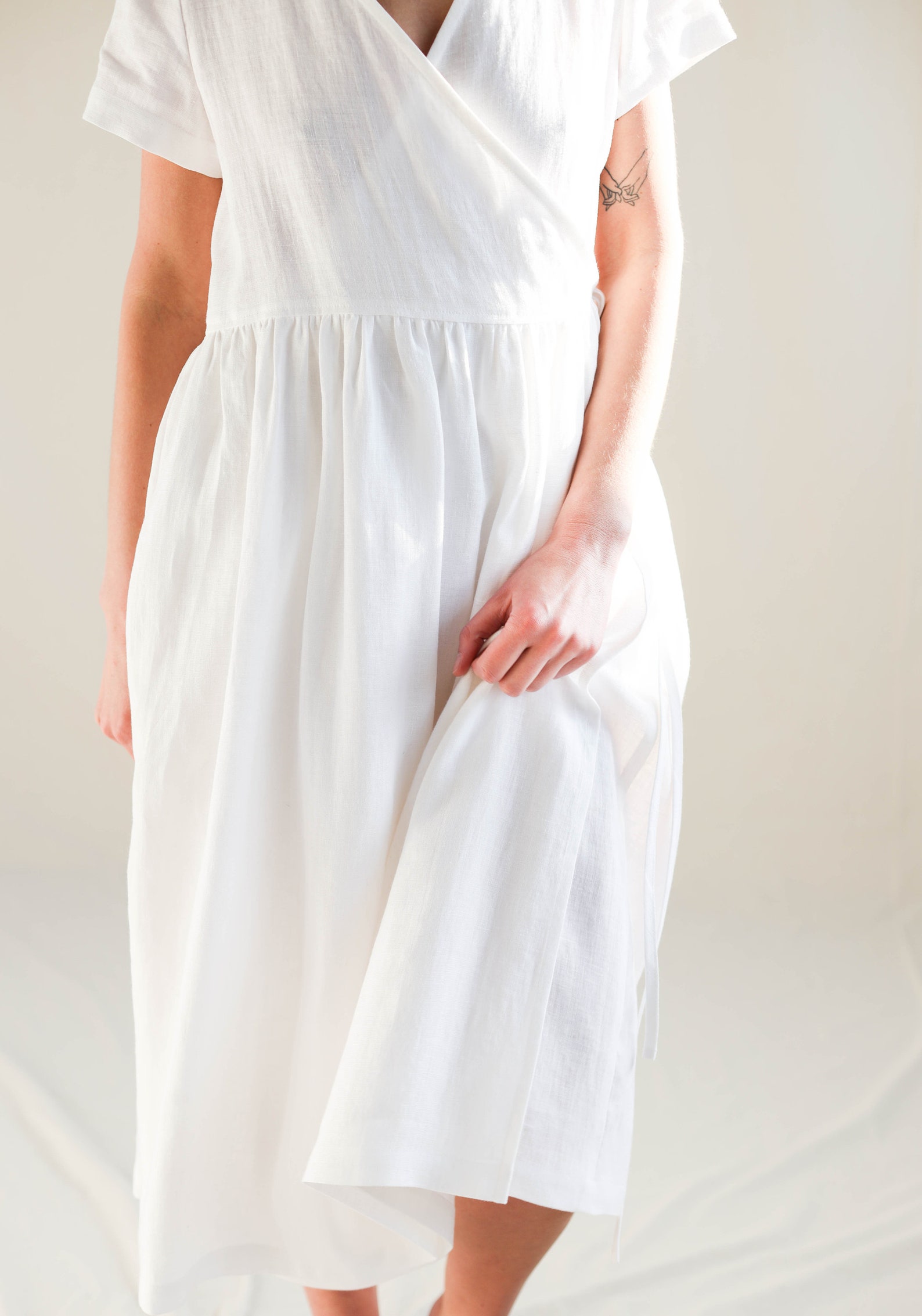 White Linen Wrap Dress Midi Linen Vneck Dress Loose Linen Etsy