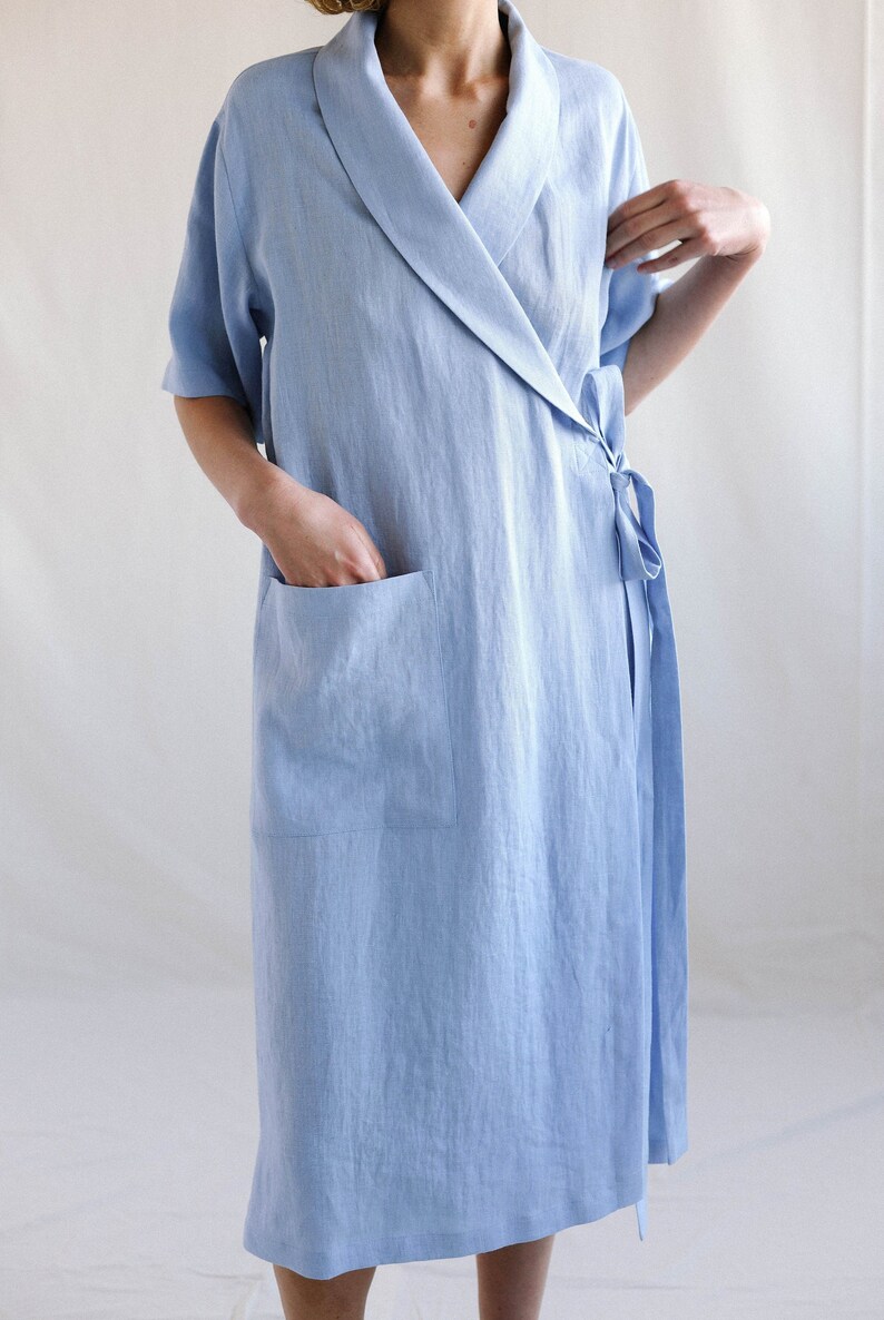 Sky Blue Linen Robe / Soft Linen Bathrobe With Pockets Etsy UK