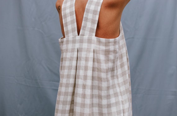 Handmade Beige Check Linen Maxi Dress - Sleeveless Origami Style Summer Clothing