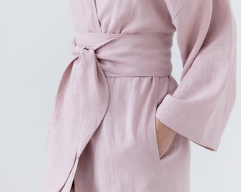 Natural linen bathrobe with pockets /  Soft linen robe / Long morning linen gown