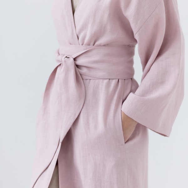 Natural linen bathrobe with pockets /  Soft linen robe / Long morning linen gown