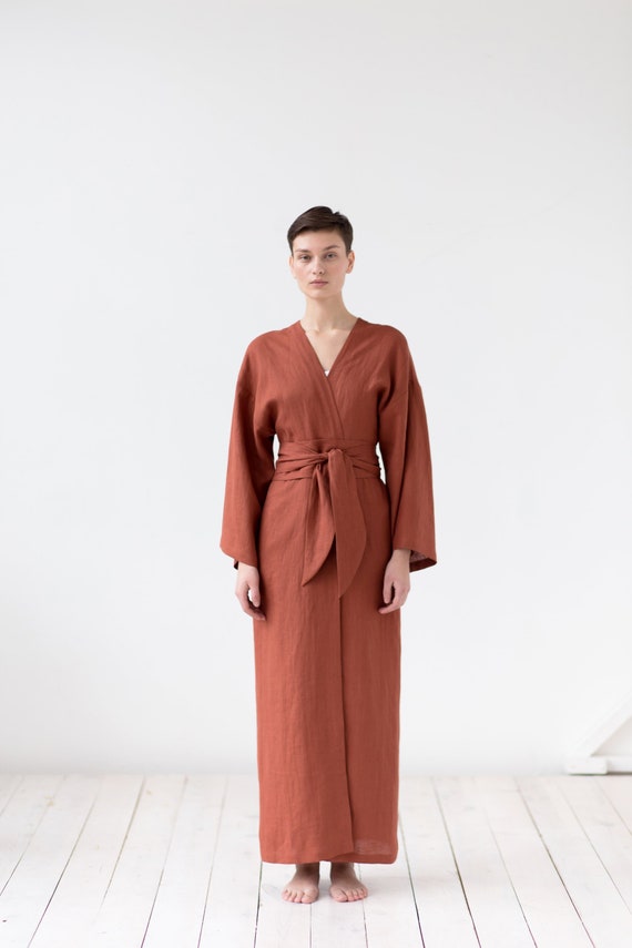 Long Kimono Gown with Pockets - Linen Maxi Wide Sleeves Bathrobe, Handmade