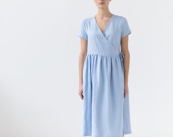 Linen wrap dress / Blue linen loose summer dress