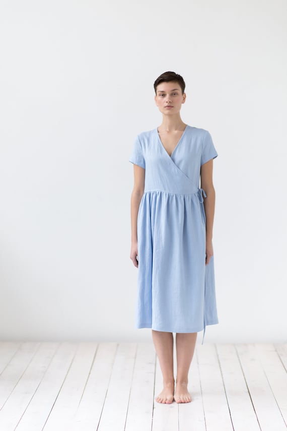 blue linen wrap dress