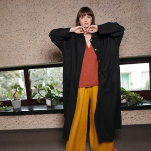 Black Linen Oversized Coat: Custom Made Long Jacket