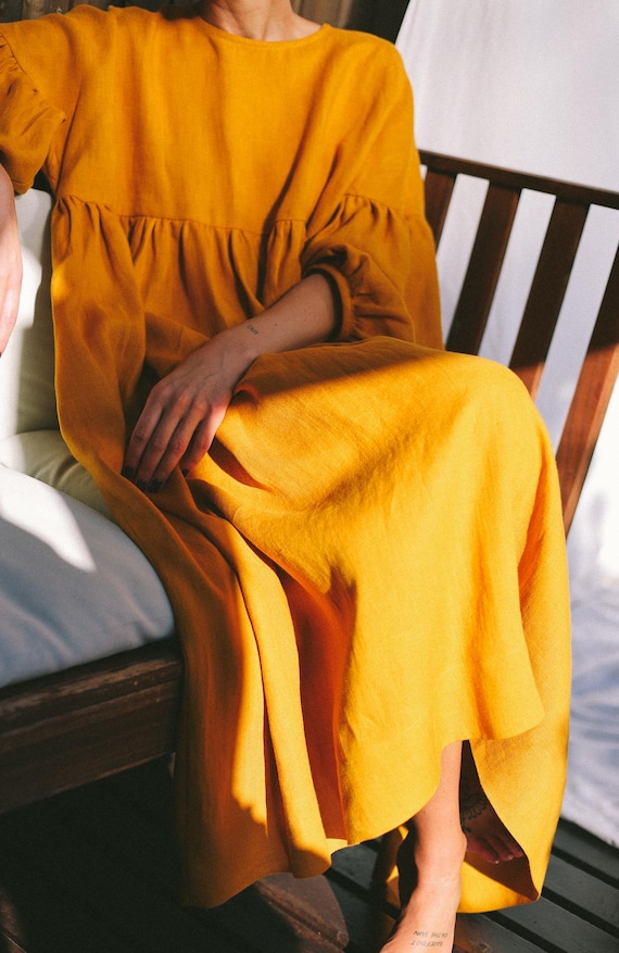Oversized Linen Dress: Mustard Yellow, Voluminous Sleeves Oversized Linen Dress: Mustard Yellow, Voluminous Sleeves