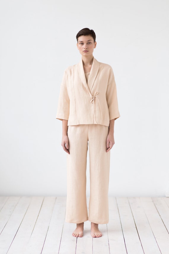 Linen Women s 3 Piece Loungewear Set Loose Double Faced Jacket Sleeveless Linen Blouse and Cropped Pants Etsy UK