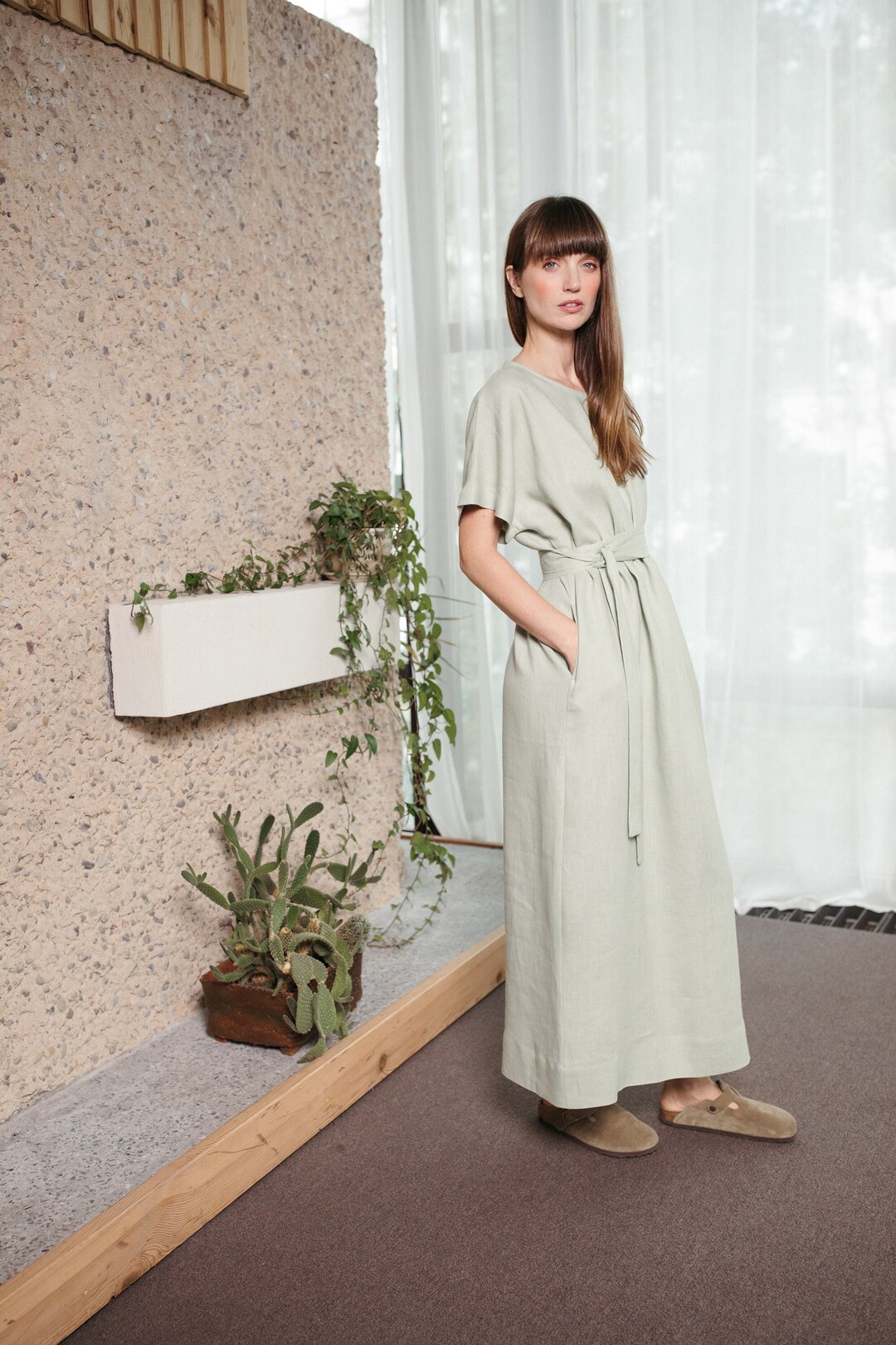 Maxi Sage Green Linen Kimono Style Dress Etsy