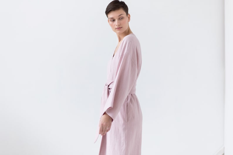 Natural linen bathrobe with pockets / Soft linen robe / Long morning linen gown image 8