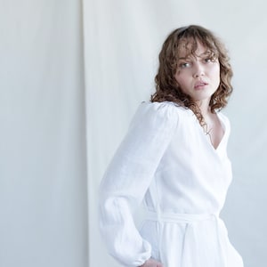 White linen long sleeve maxi wrap dress / Handmade by MITS image 4