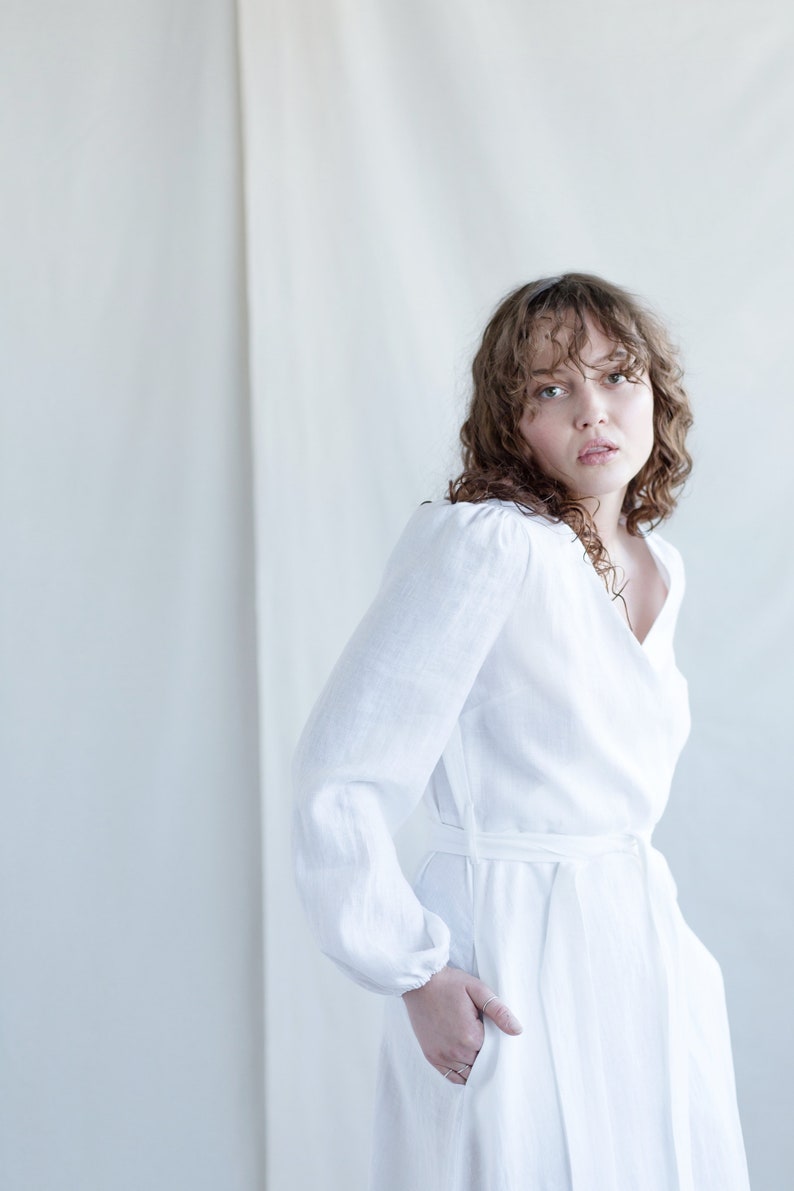 White linen long sleeve maxi wrap dress / Handmade by MITS image 4