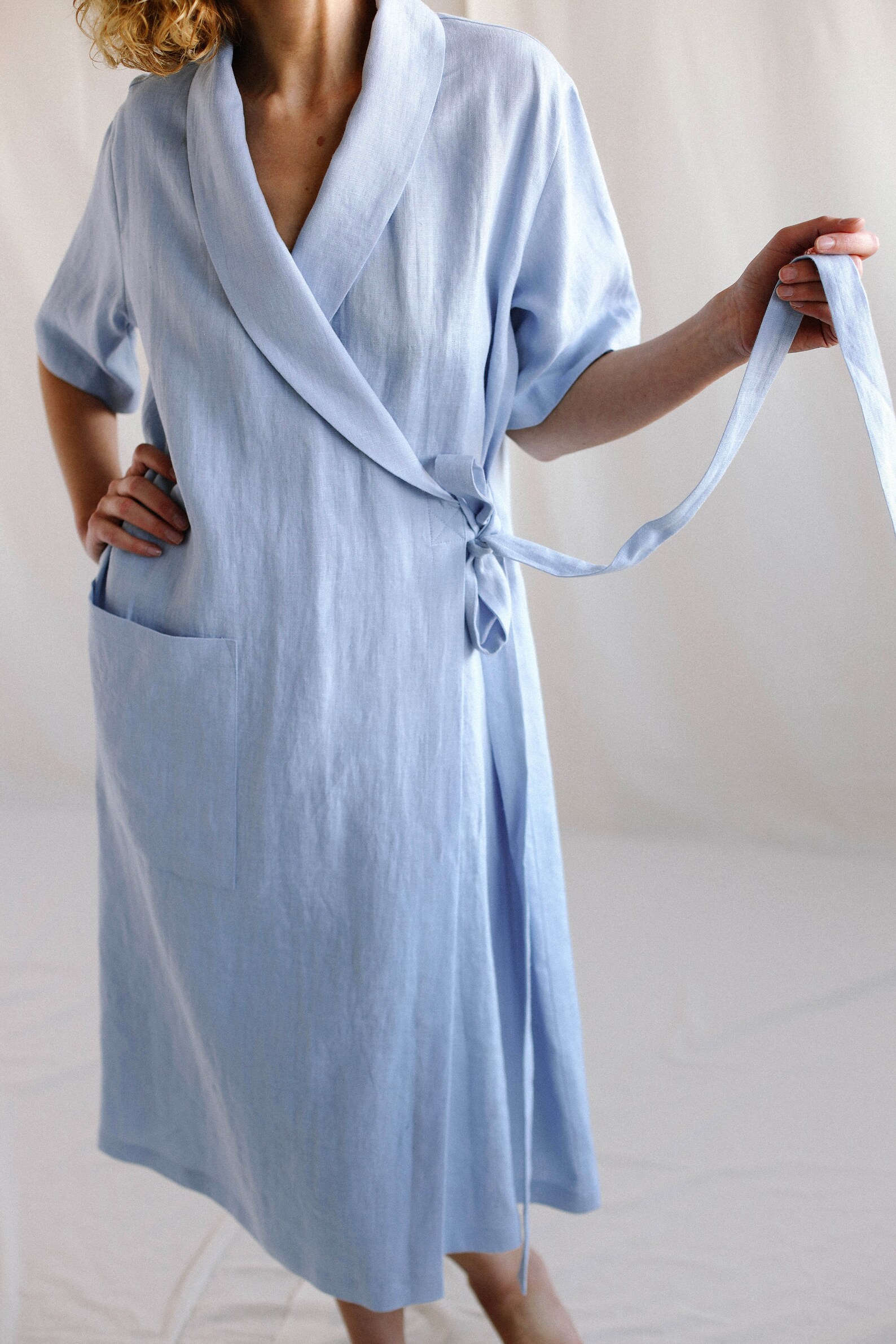 Sky Blue Linen Robe / Soft Linen Bathrobe With Pockets Etsy UK