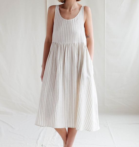 Striped Linen Smock Dress: Sleeveless A-Line, Handmade Striped Linen Smock Dress: Sleeveless A-Line, Handmade