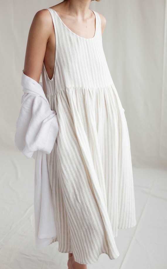 Striped Linen Smock Dress Sleveless Linen Dress Loose A Line - Etsy