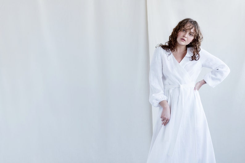 White linen long sleeve maxi wrap dress / Handmade by MITS image 6