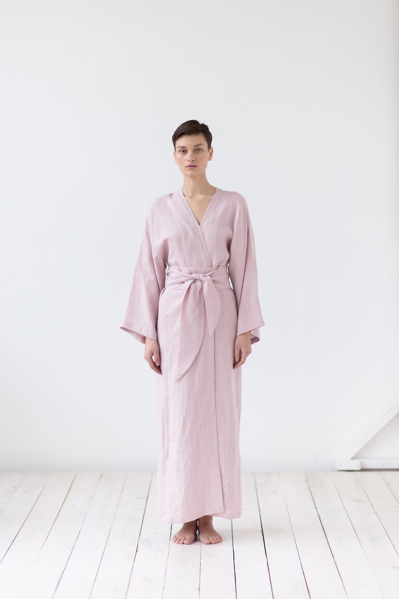 Natural linen bathrobe with pockets / Soft linen robe / Long morning linen gown image 3