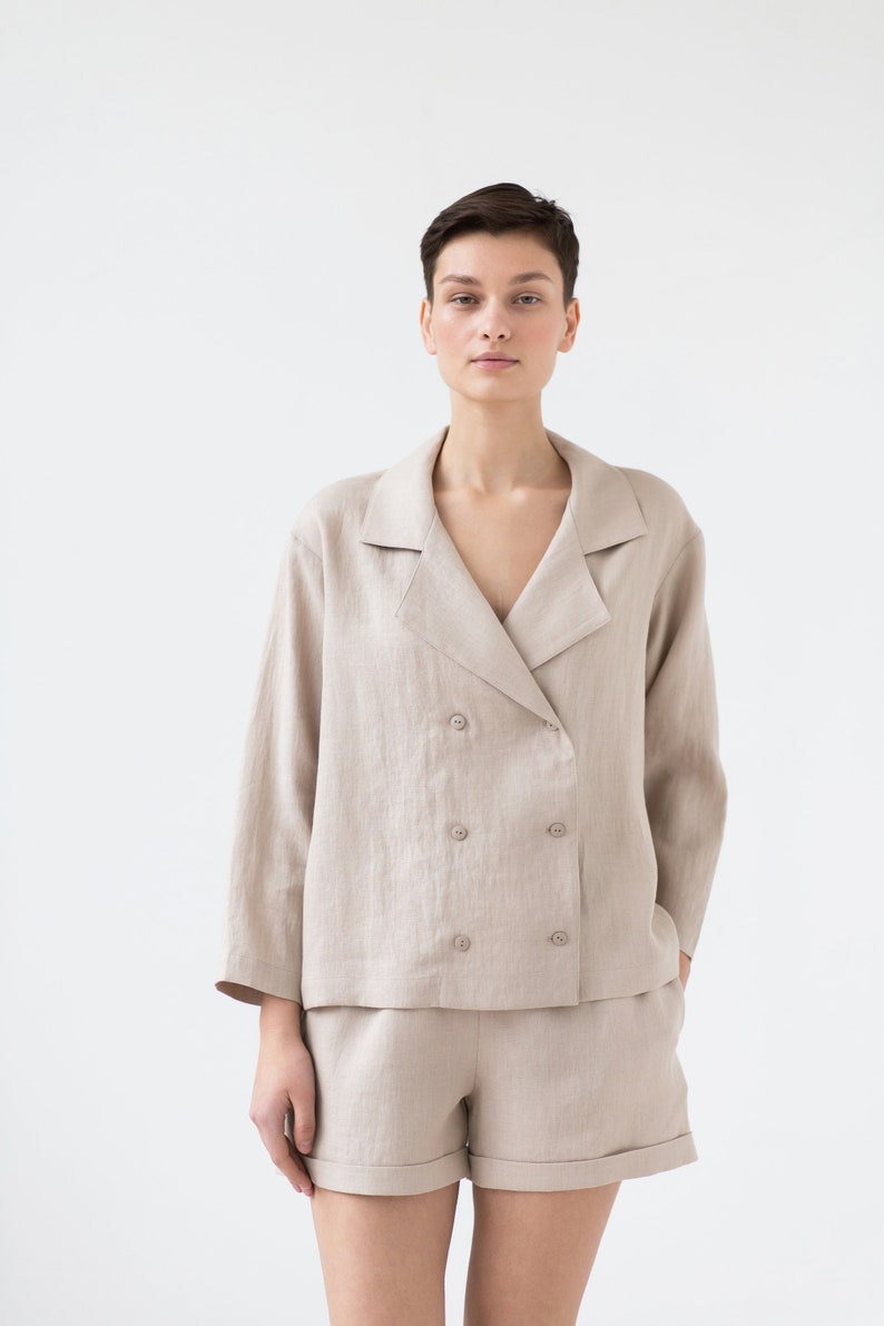 Women's linen 2 piece suit / Double faced jacket / Elastic waist band shorts / ManInTheStudio image 6