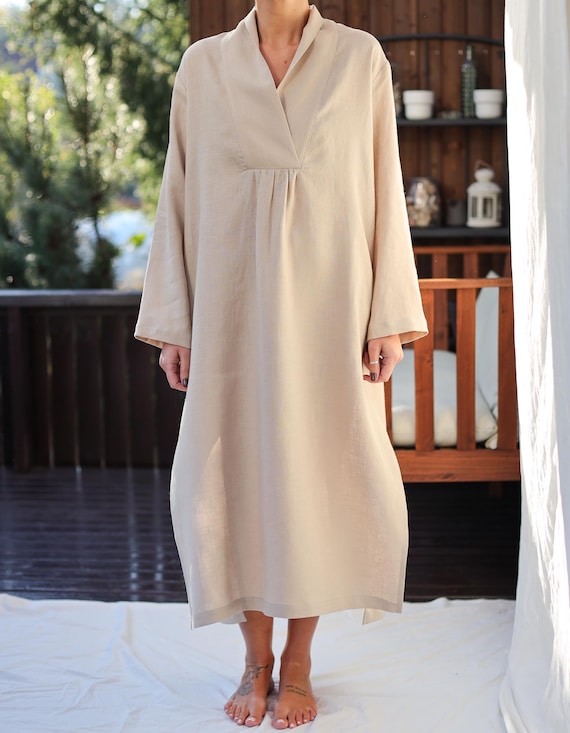 Linen Kaftan Dress for Women - Oversized Long Sleeve Tunic Dress with Pockets, Handmade