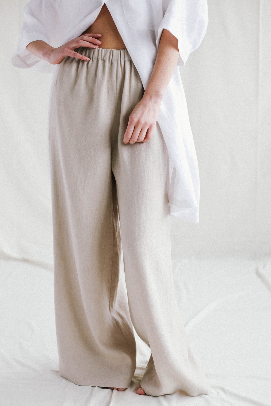 White Linen Blouse with Beige Wide Leg Pants