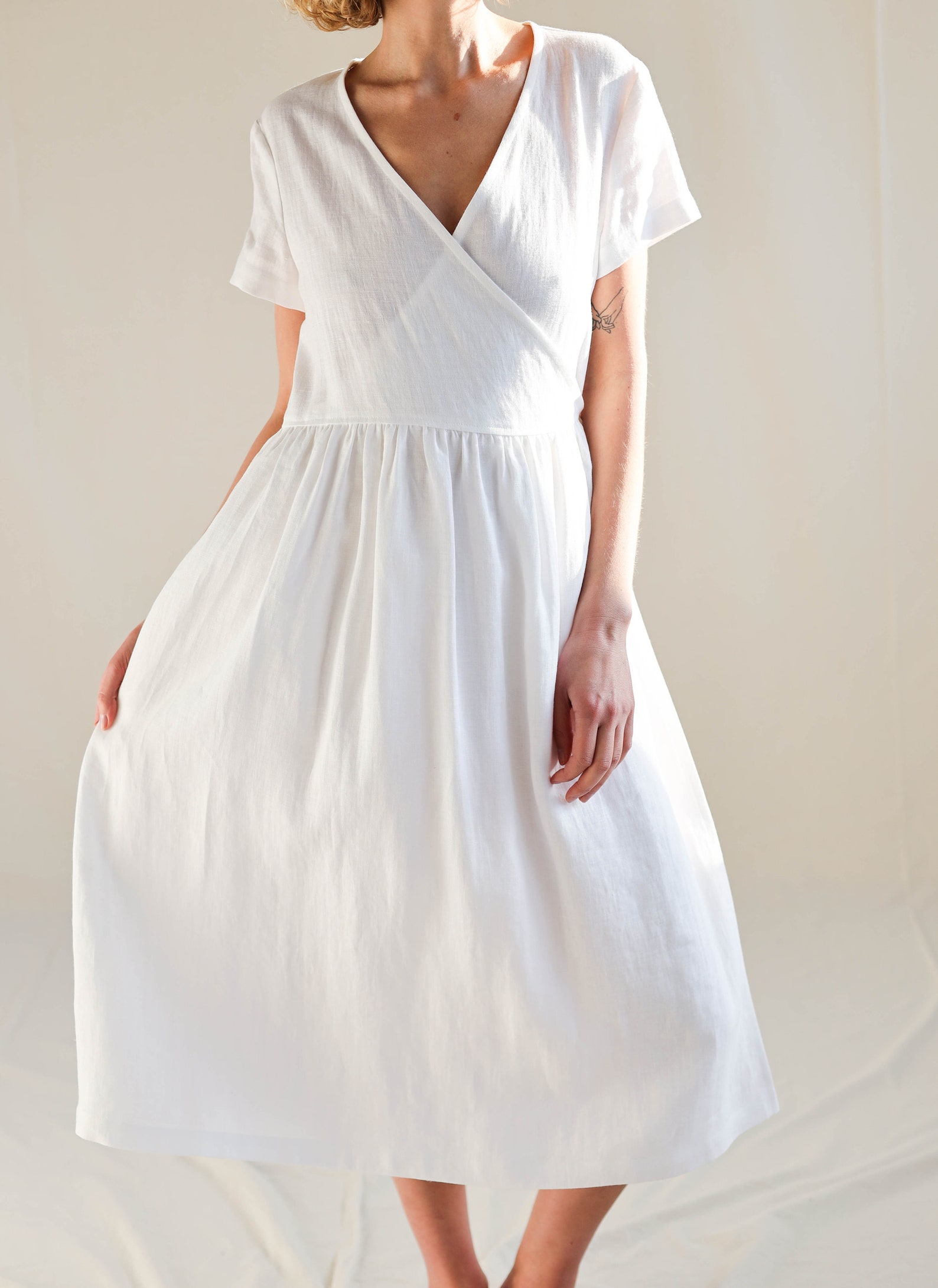 White Linen Wrap Dress Midi Linen V Neck Dress Handmade By Etsy