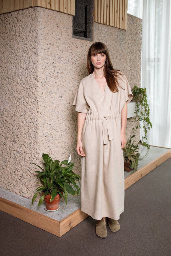 V-neck Dress With Adjustable Waist and Pockets - Linen Kimono Maxi Dress for Women, Handmade