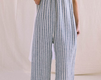 Ready to ship / Strap linen jumpsuit in stripes / Loose linen wide leg romper / Soft linen lounge wear jumpsuit