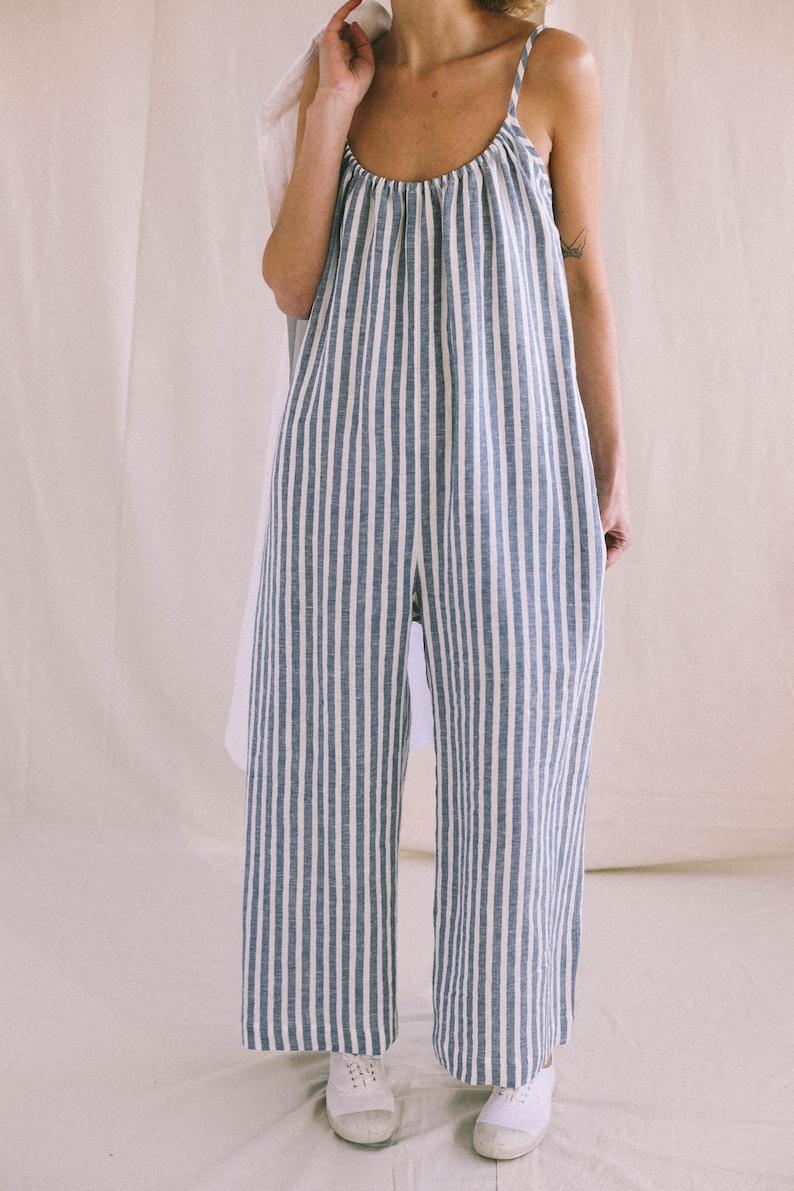 Strap linen jumpsuit in stripes / Loose linen wide leg romper / Soft linen lounge wear jumpsuit image 5