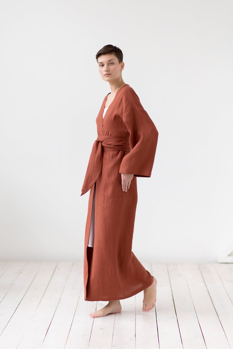 Linen bathrobe with pockets, Long morning linen gown, Linen kimono robe by the ManInTheStudio