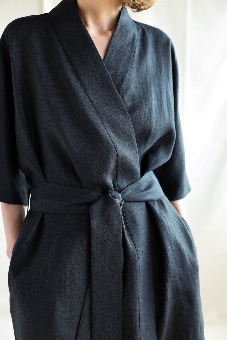 Linen robe / Black linen bathrobe with pockets / Handmade by Etsy