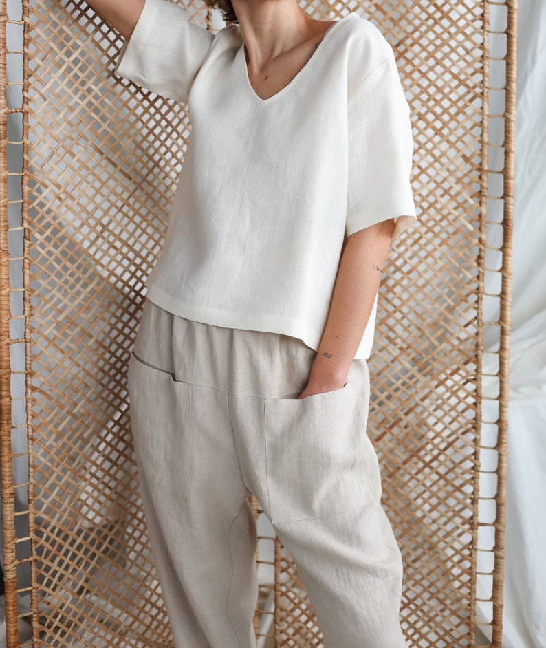 Linen oversized V-neck top / Handmade by MITS image 1