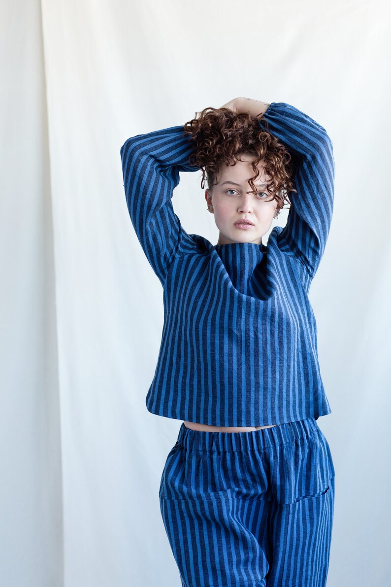 Casual Relaxed Fit Striped Linen Blouse / Handmade by MITS image 2