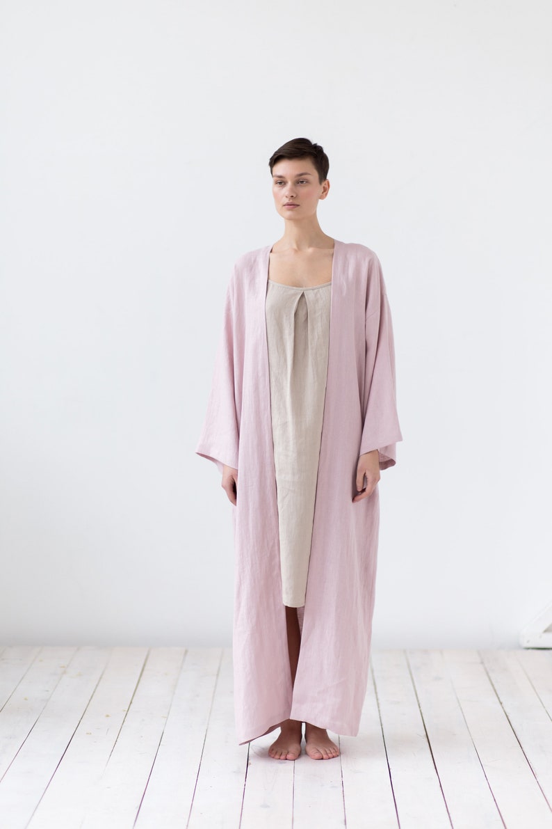 Natural linen bathrobe with pockets / Soft linen robe / Long morning linen gown image 5