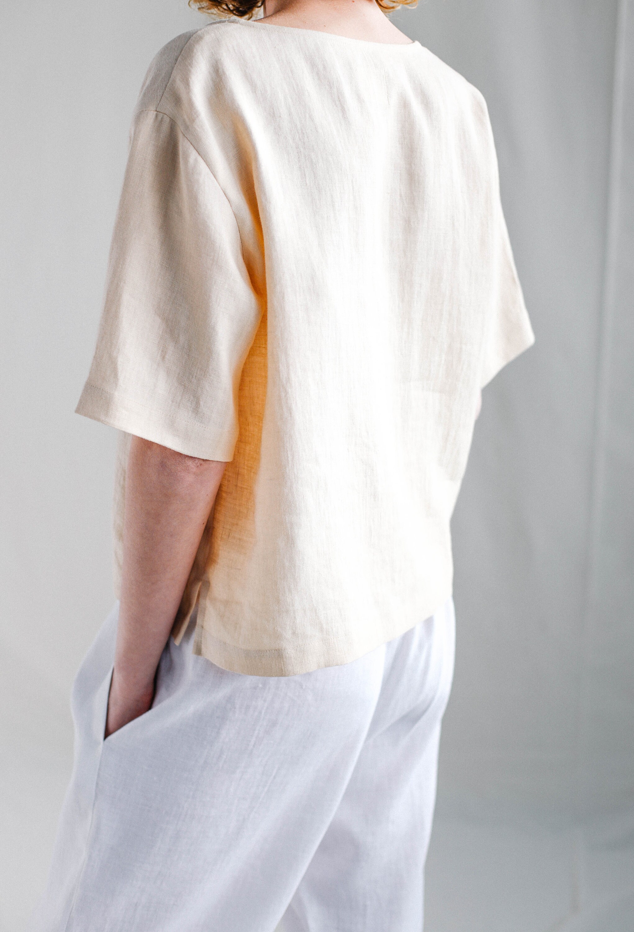 Linen oversized top / Linen V-neck blouse / Handmade by MITS | Etsy