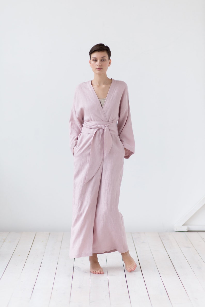 Natural linen bathrobe with pockets / Soft linen robe / Long morning linen gown image 4