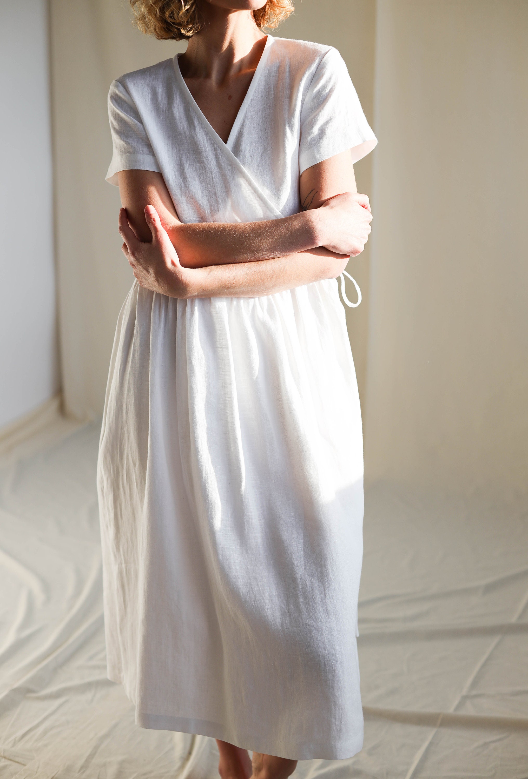 White Linen Wrap Dress / Midi Linen Vneck Dress / Handmade by Etsy UK