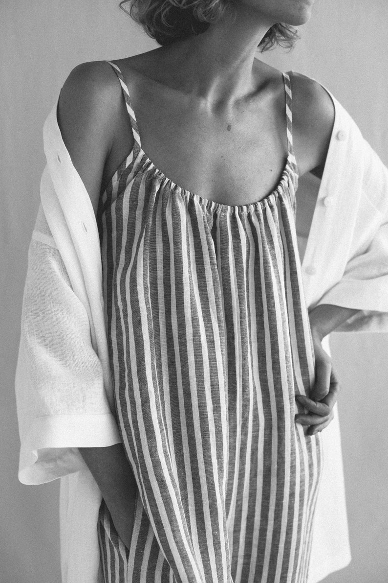 Strap linen jumpsuit in stripes / Loose linen wide leg romper / Soft linen lounge wear jumpsuit image 8