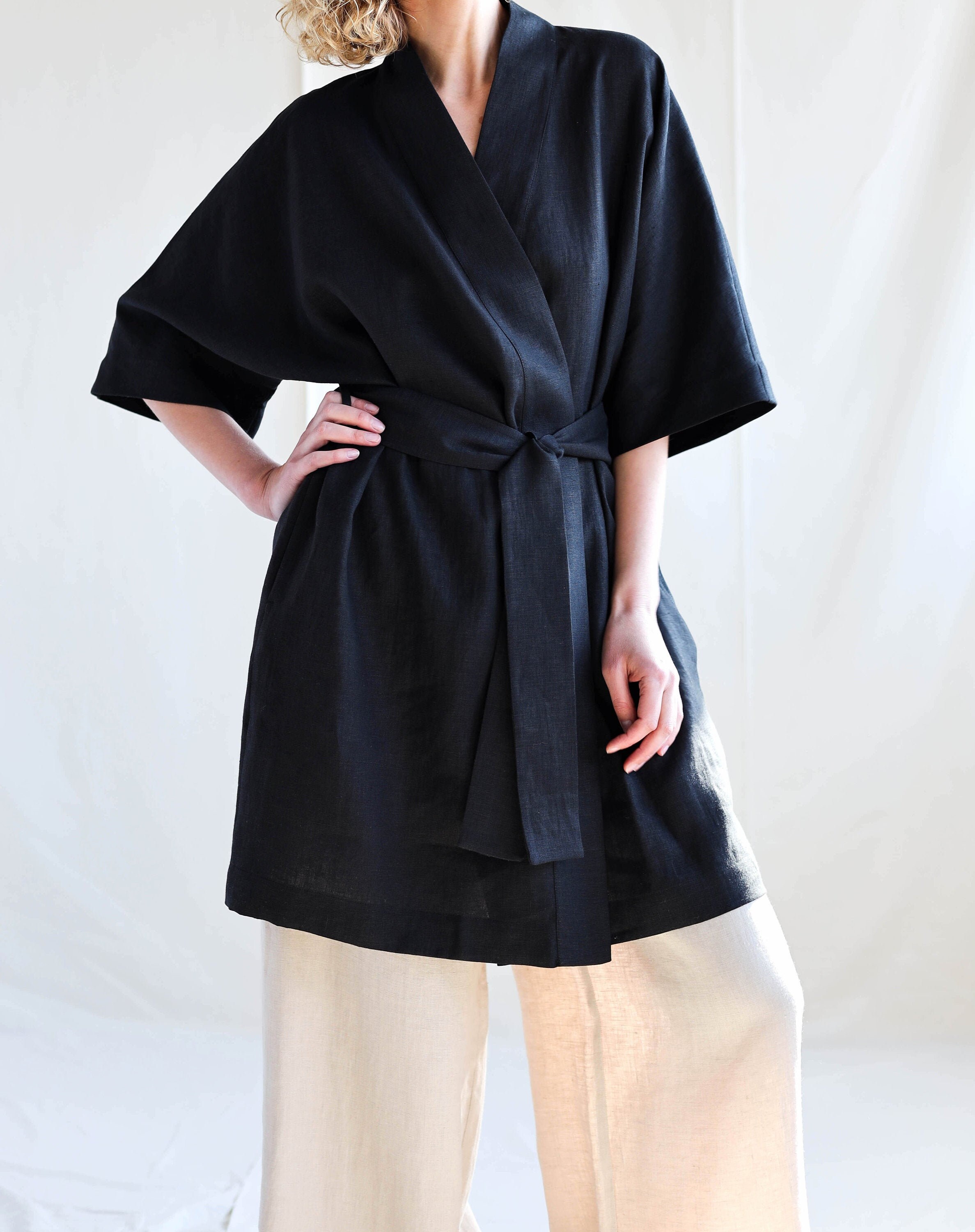 Birthday Gift Bathrobe Robe with Pockets Organic Bathrobe Linen Bathrobe Linen Kimono Linen Robe Kimono with Pockets