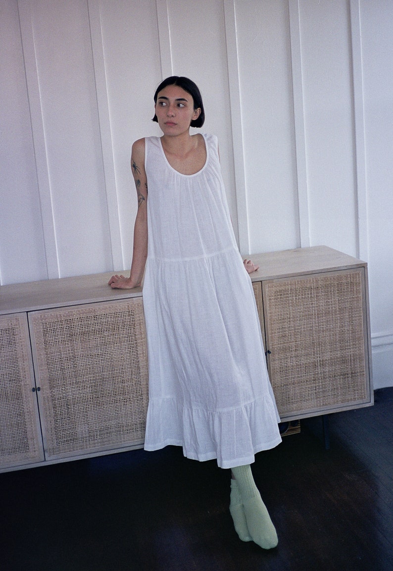 Sleeveless Linen Maxi Dress for Women – A-Line Ruffled Hem Dress with Pockets, Handmade