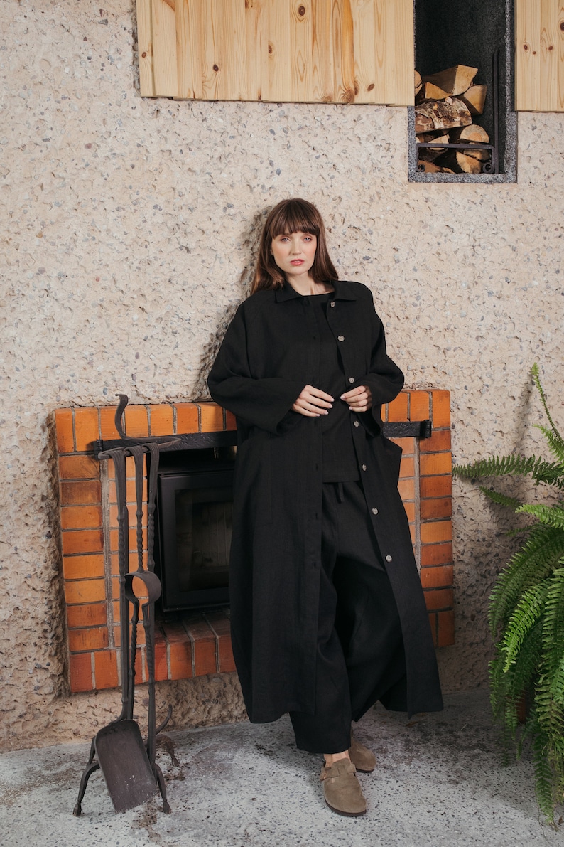 Black linen oversized coat / Long linen coat image 8