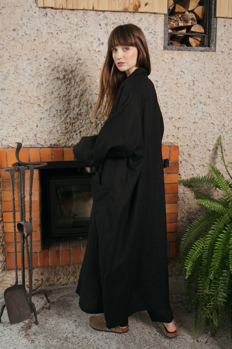 Black linen oversized coat / Long linen coat image 9