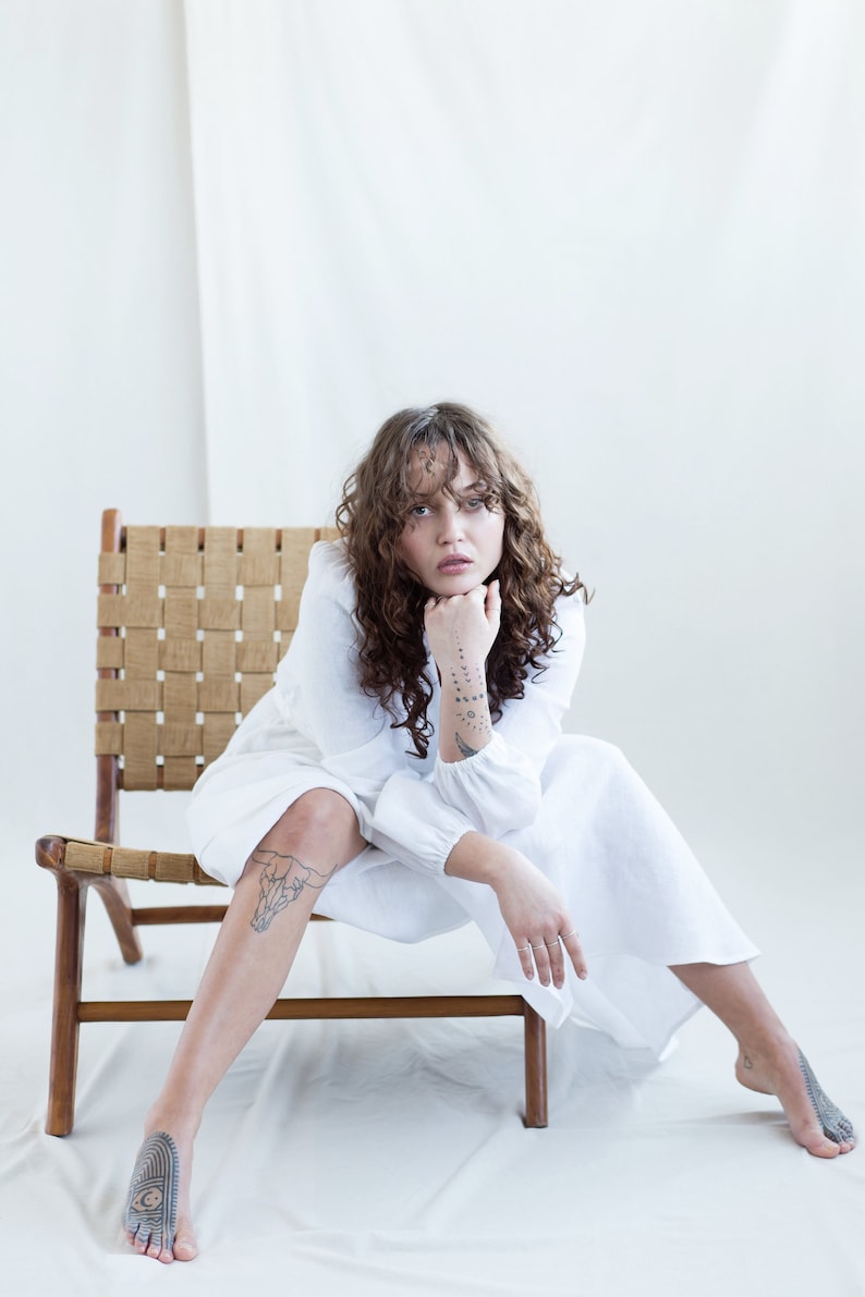 White linen long sleeve maxi wrap dress / Handmade by MITS image 3