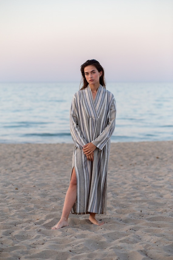 SALE / Striped Linen Blend Kaftan Dress, Long Sleeve Beach Cover-Up