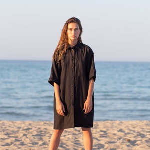 Black Linen Oversized Shirt Dress: Loose Fitting Short Sleeve