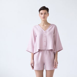 Loose linen top and relaxed fit shorts set. Women's Two piece linen set. image 6