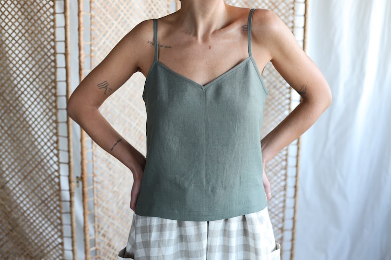 Sleeveless hunter green linen slip top / MITS image 1