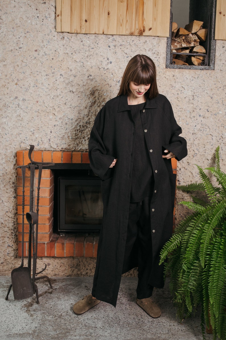 Black linen oversized coat / Long linen coat image 2