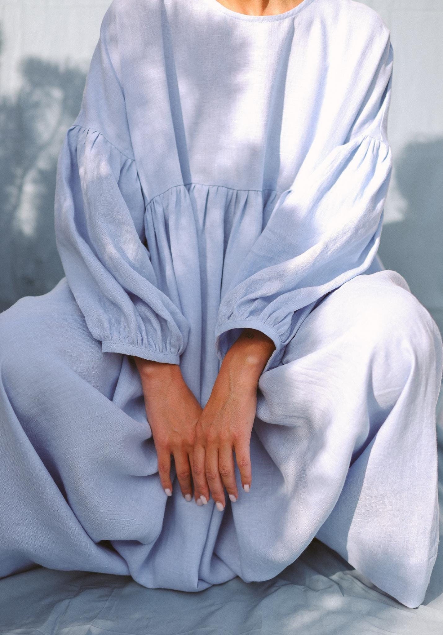 Dropped shoulders linen dress, Higher waistline oversized dress, Women linen clothing